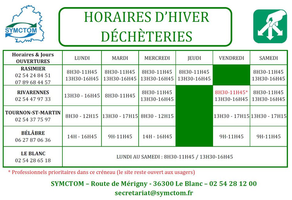 horaires d'hiver déchetterie - Bélâbre