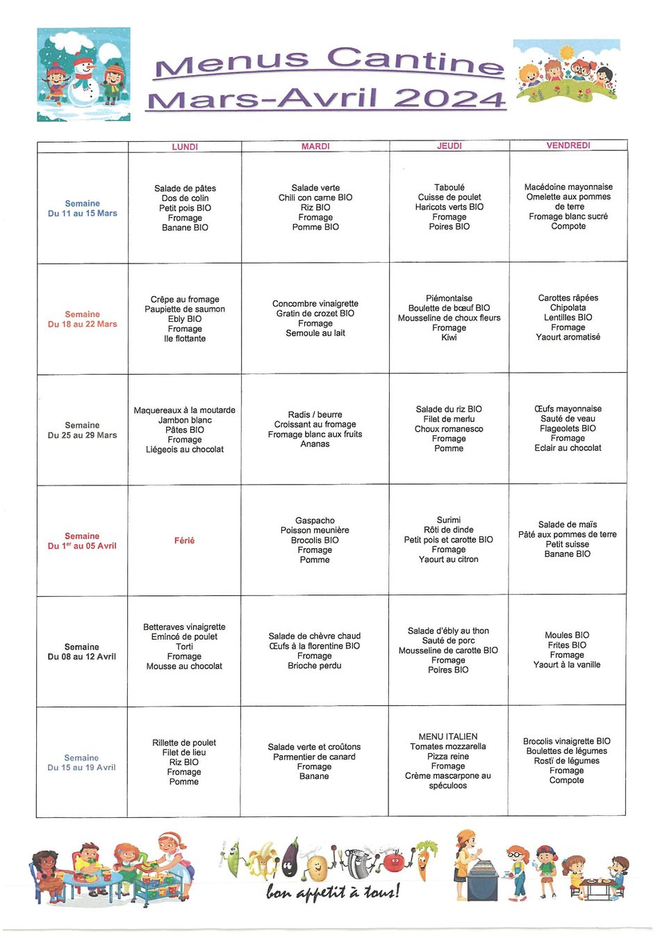 menus cantine : mars avril - Selles-Saint-Denis
