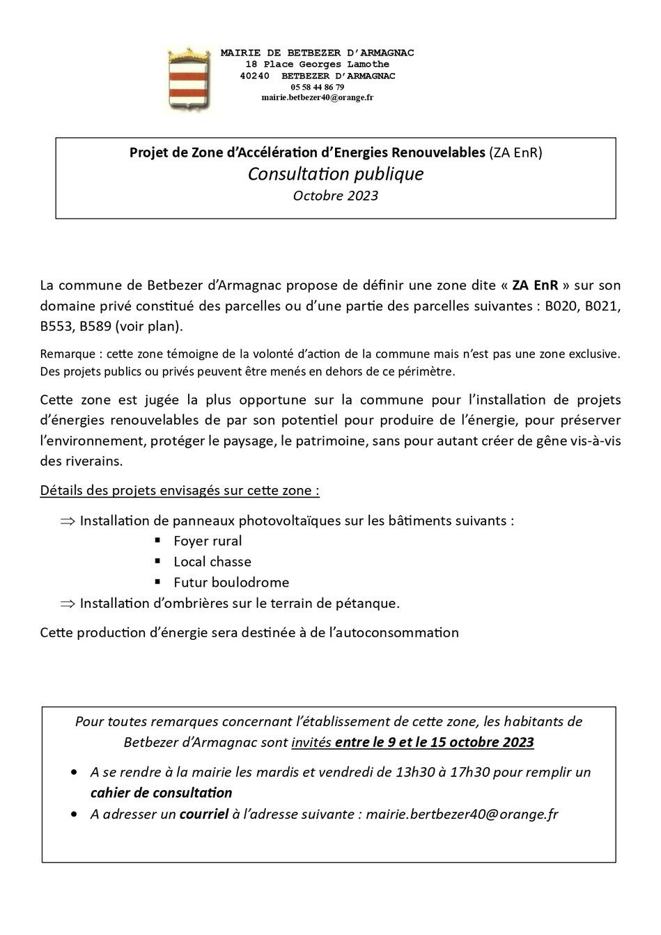 InfoFlash Betbezerd'Armagnac (40240) Projet de Zone d